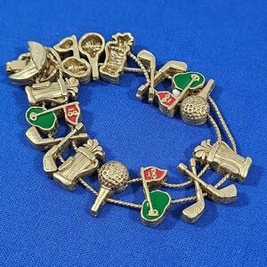Vintage Golf Themed Charm Bracelet Gold-Tone Sliding Tee Time Charms